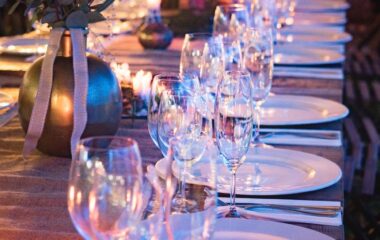 plates and wine glass on table