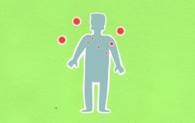 paper cutout of man surrounded with viruses